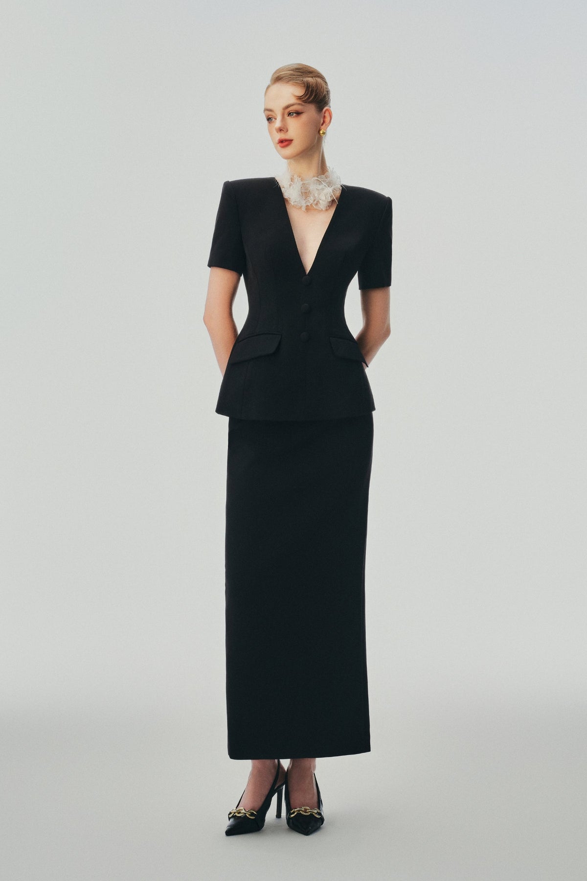 Katherine V-Neck Midi Skirt Set