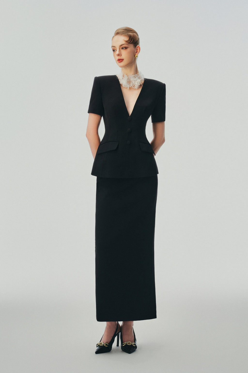 Katherine V-Neck Midi Skirt Set