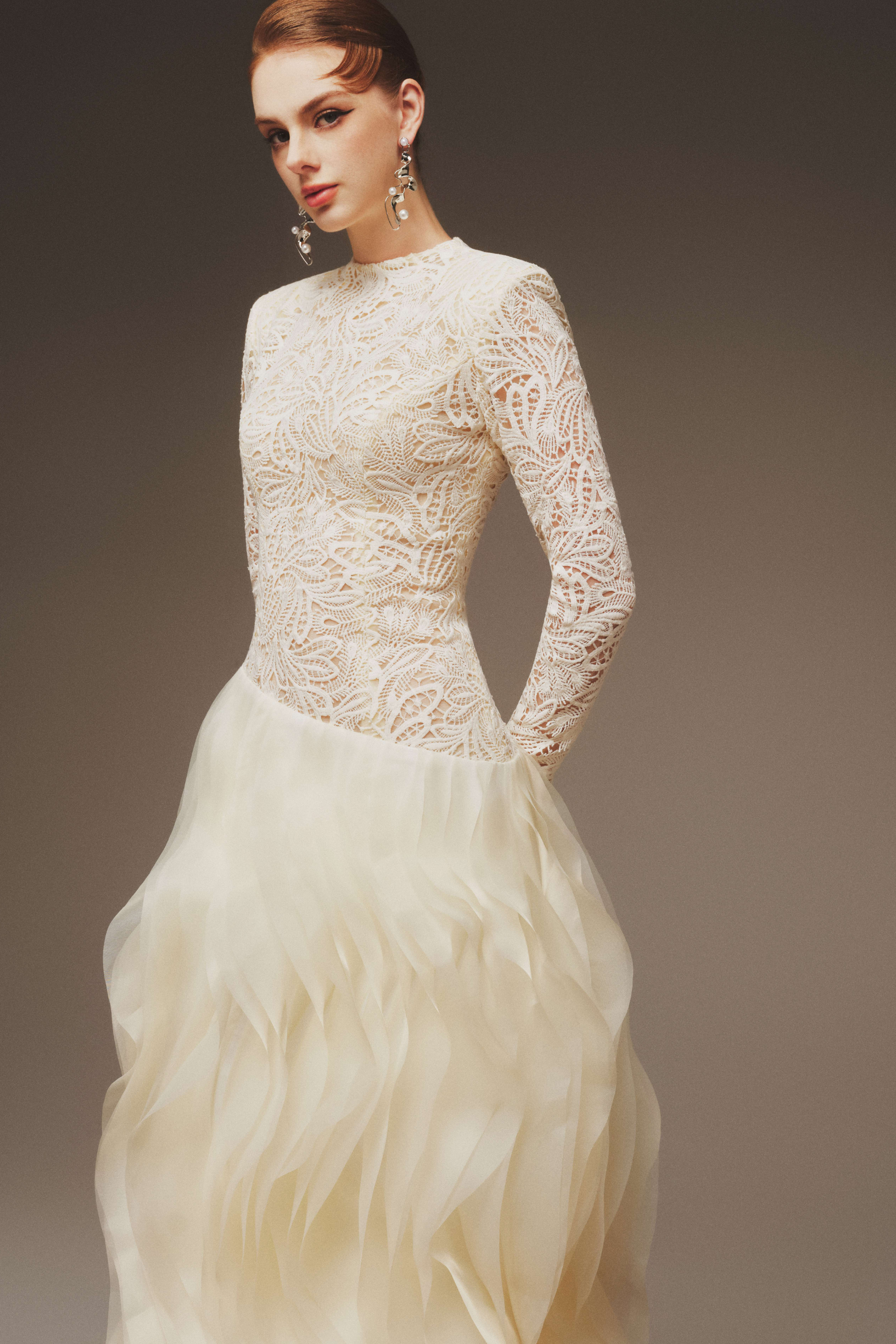 Elowen Lace Organza Ruffle Maxi Gown