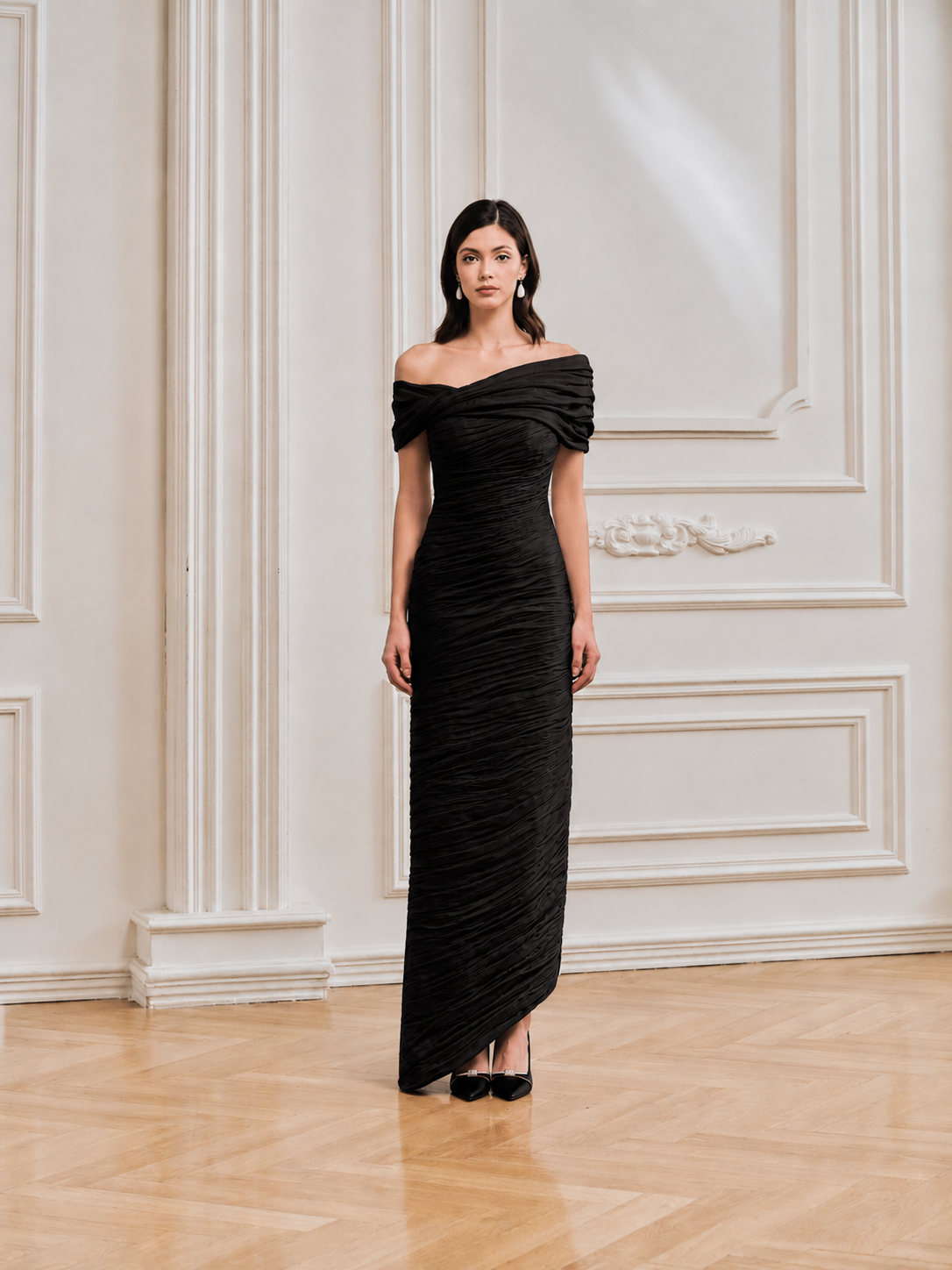Serephira Off Shoulder Draped Midi Dress