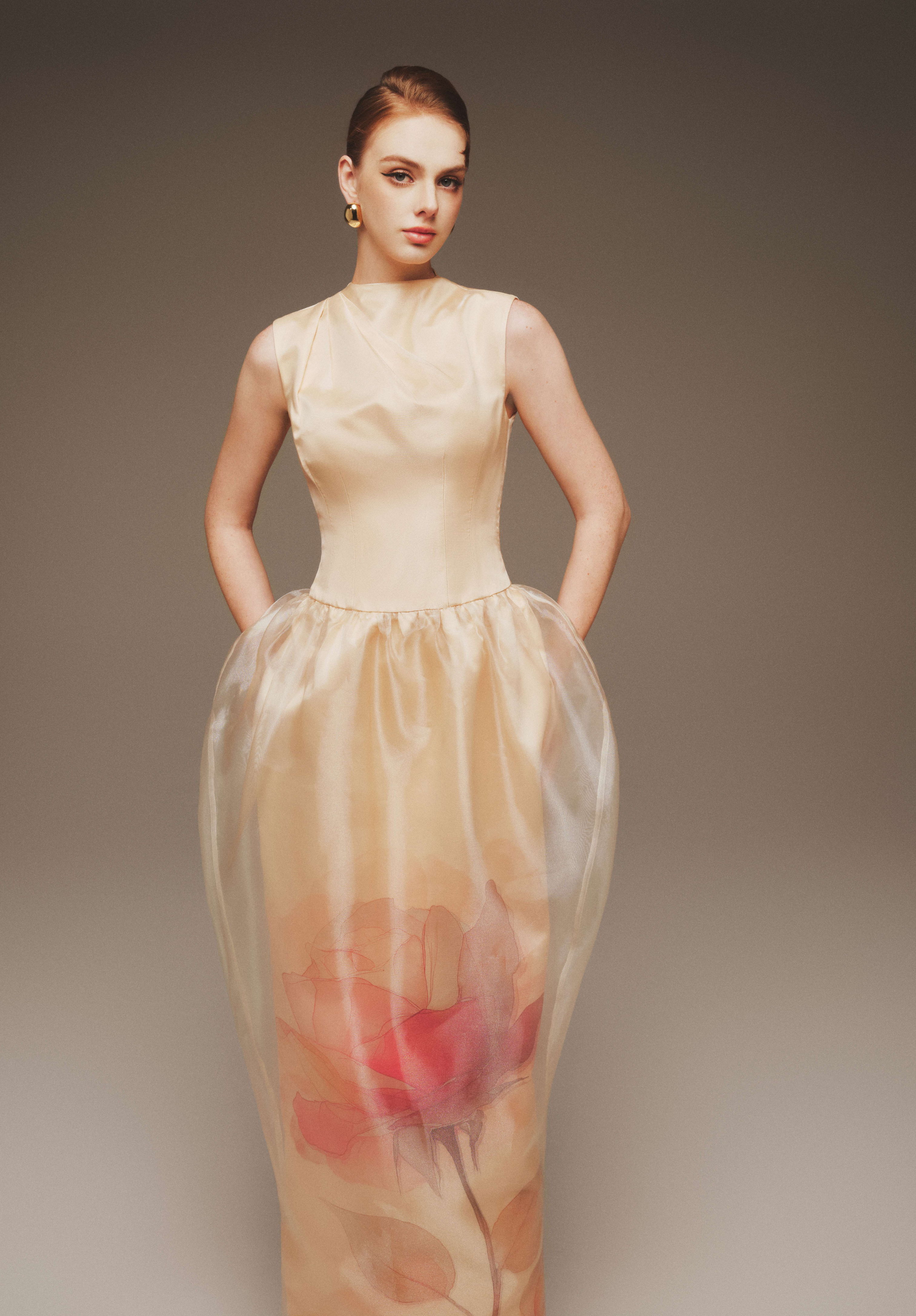 Elara Sleeveless Organza Overlay  Gown