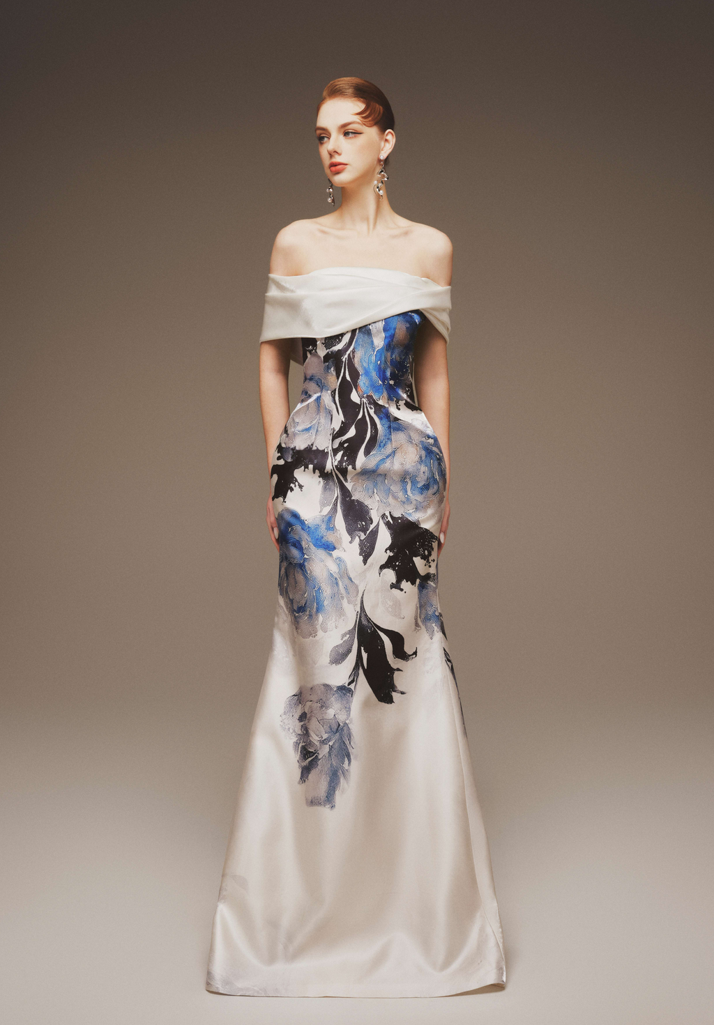 Painterly Print Off-Shoulder Taffeta Gown