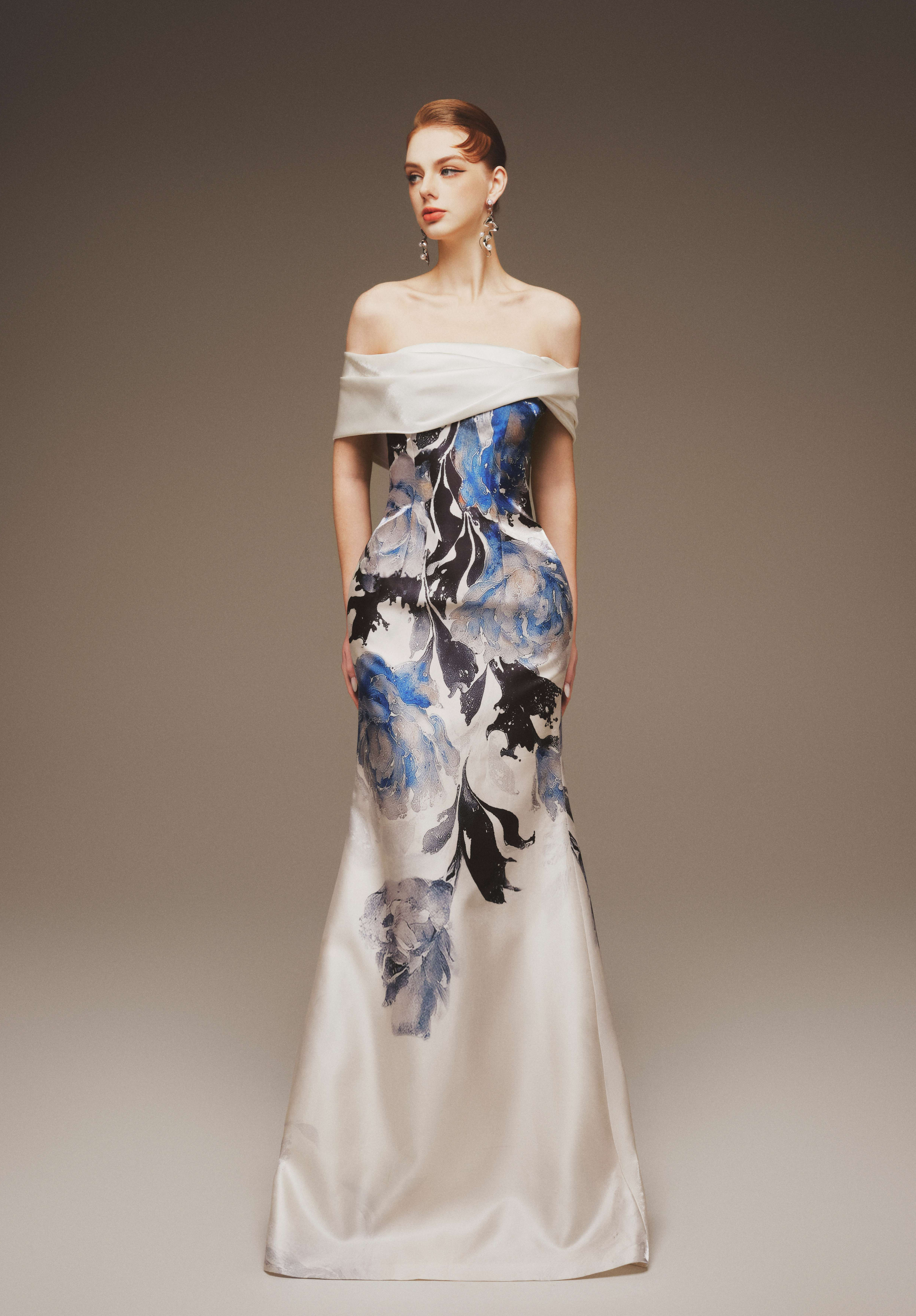 Painterly Print Off-Shoulder Taffeta Gown