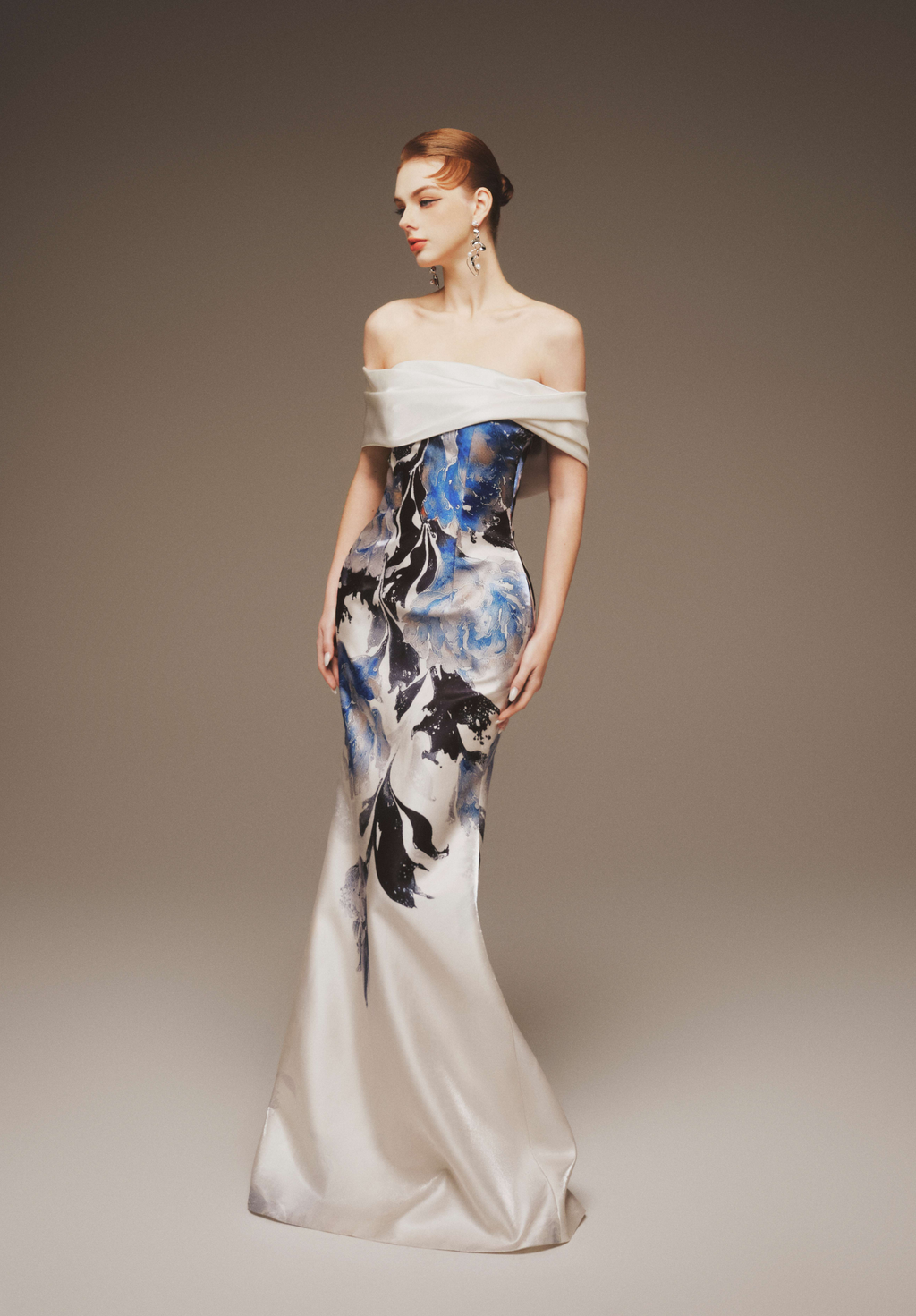 Painterly Print Off-Shoulder Taffeta Gown