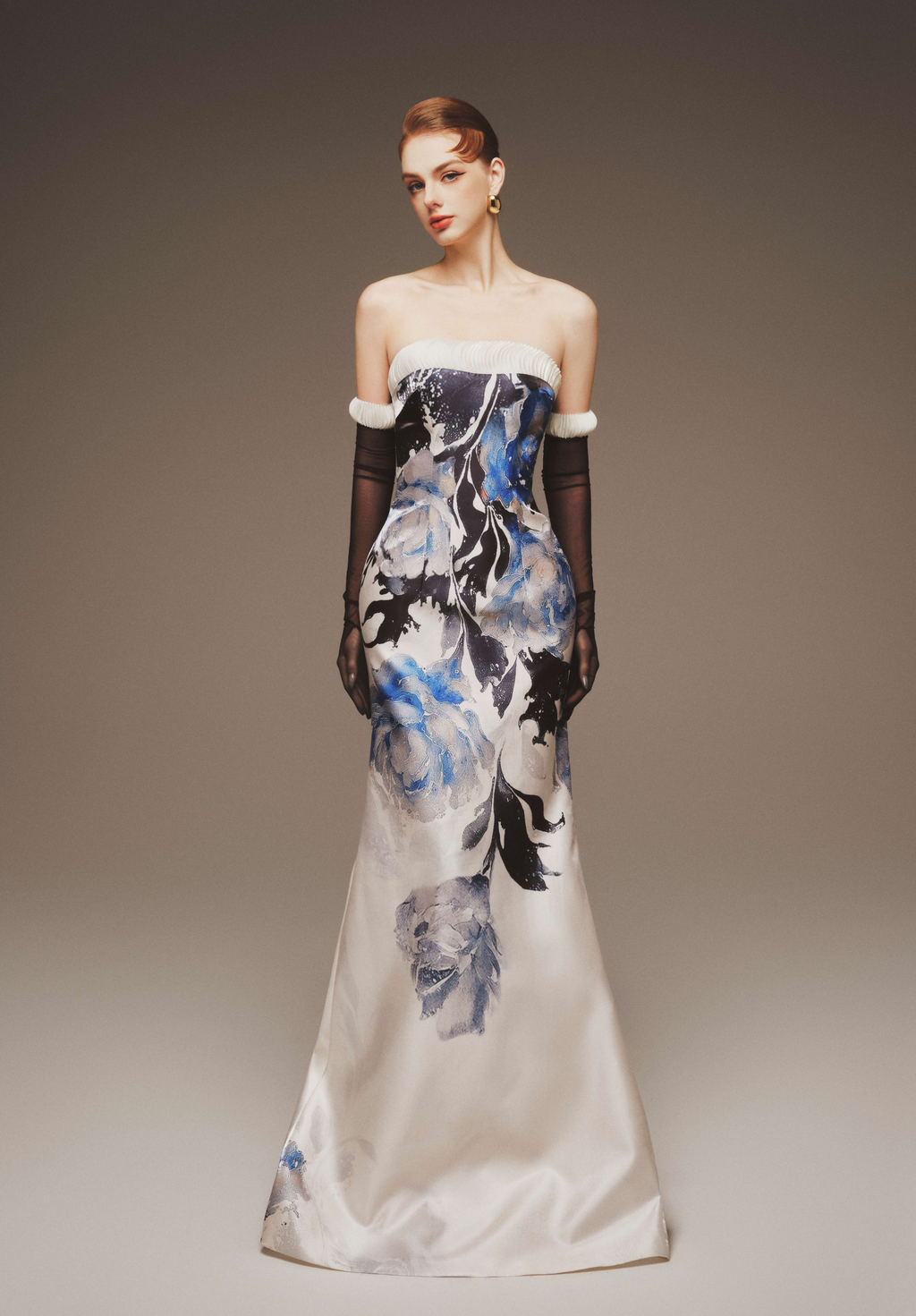 Strapless Printed Taffeta Maxi Gown
