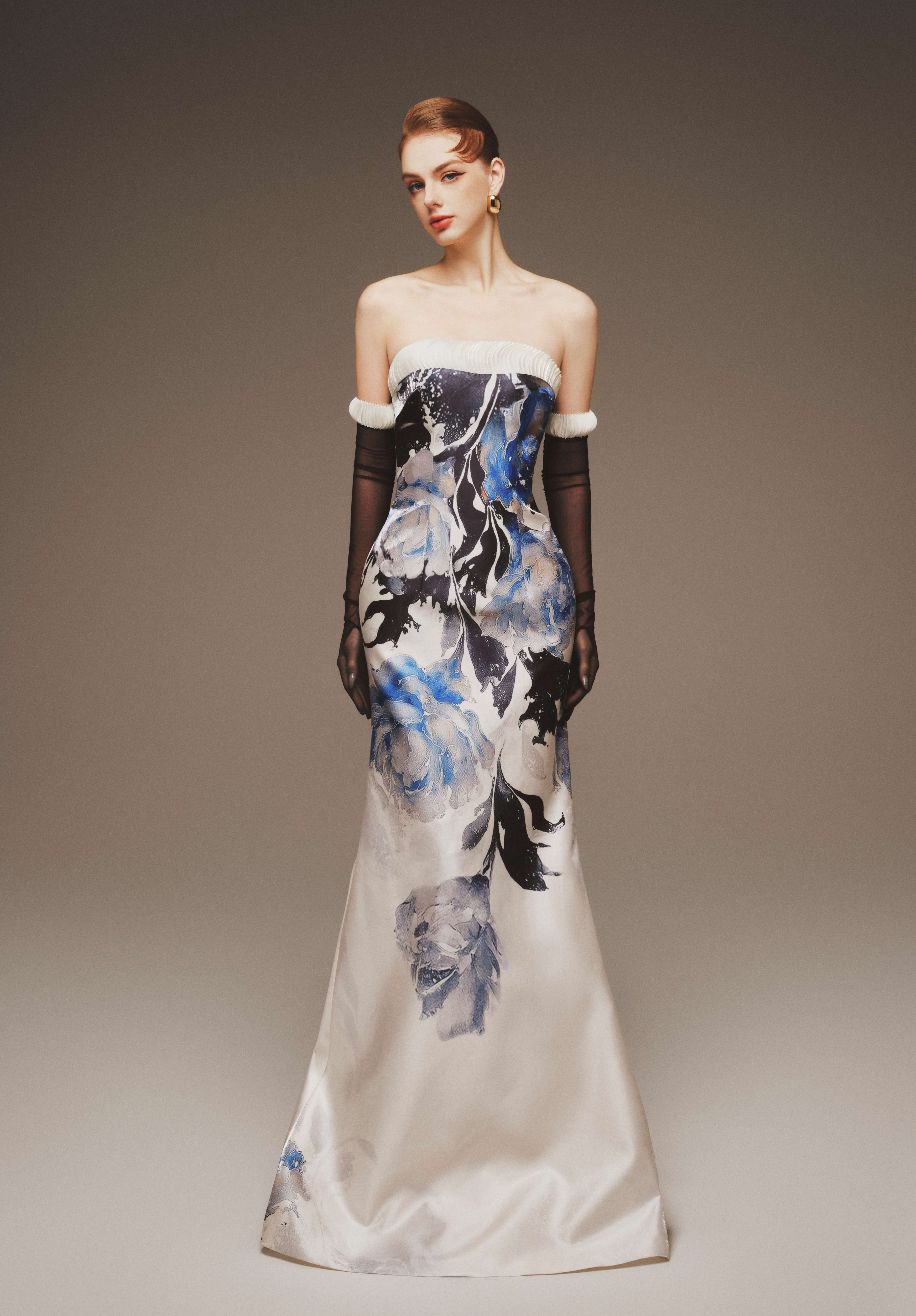 Strapless Printed Taffeta Maxi Gown