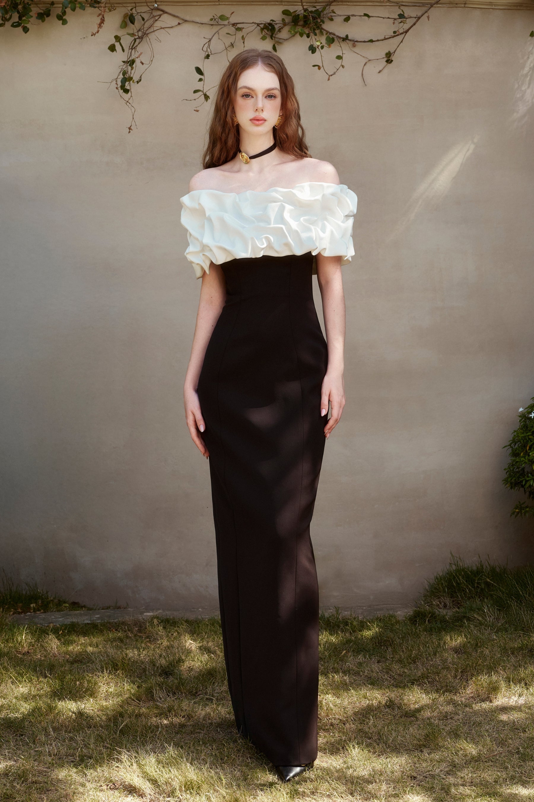 Rose’ Sheath Draped Twill Floor Length Dress