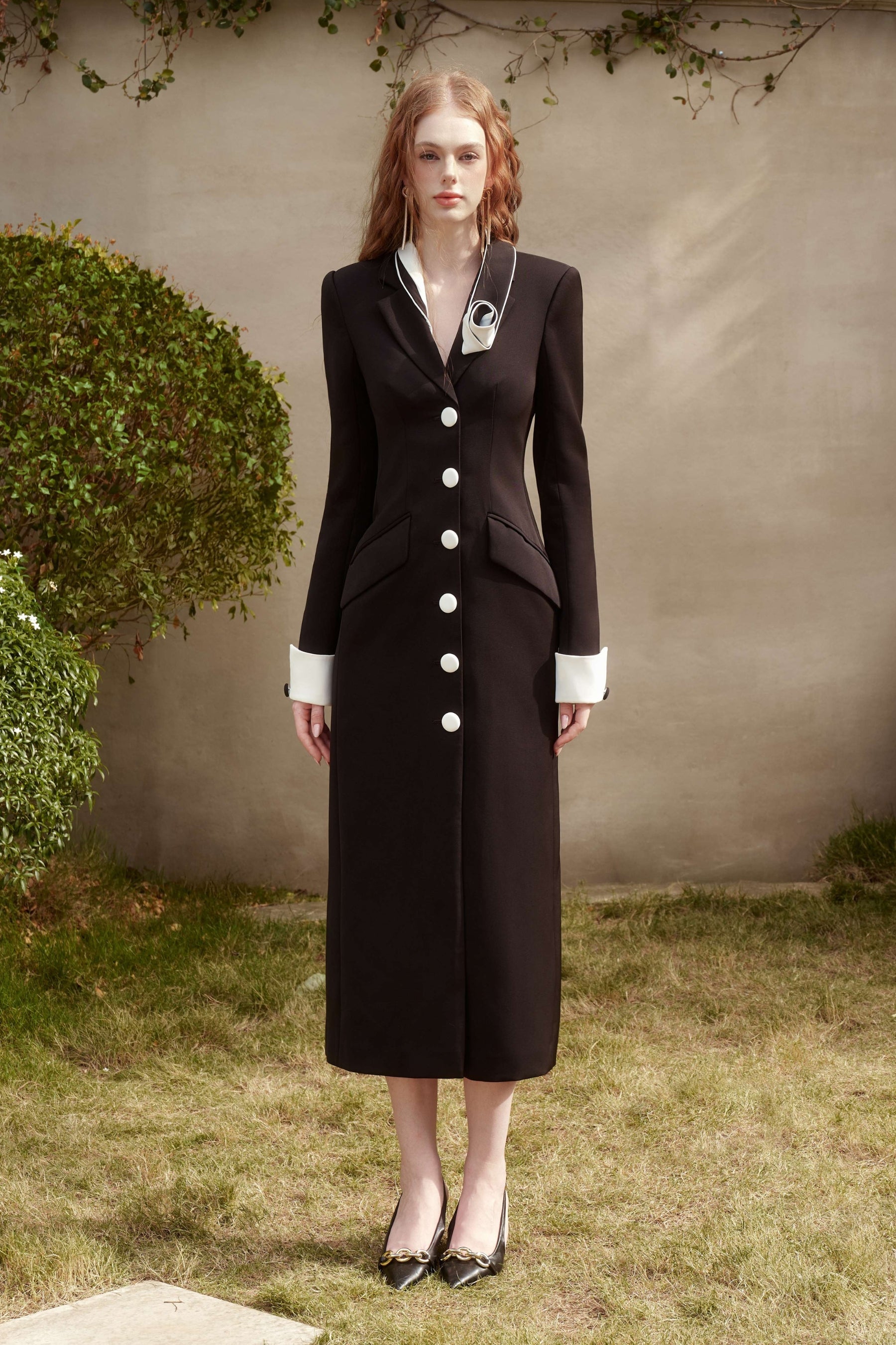 Hebe Sheath Single Breasted Twill Midi Dress