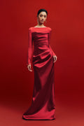 River Silk Sheath Boat Neck Taffeta Silk Floor Length Dress