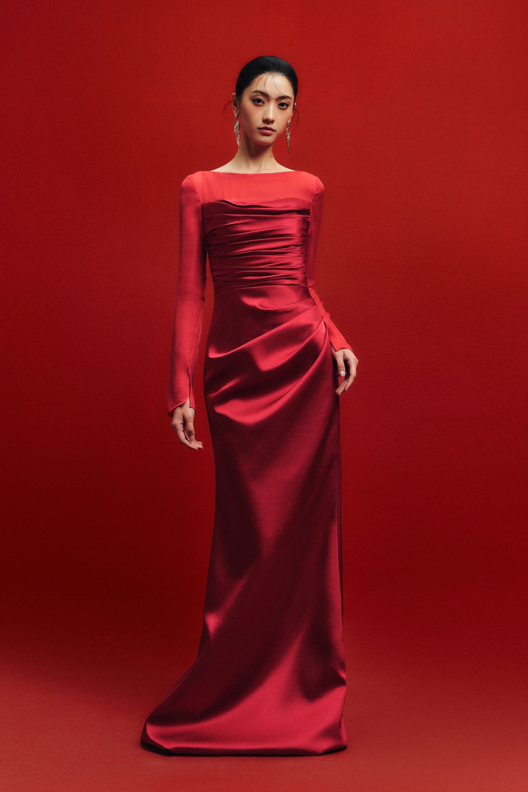 River Silk Sheath Boat Neck Taffeta Silk Floor Length Dress