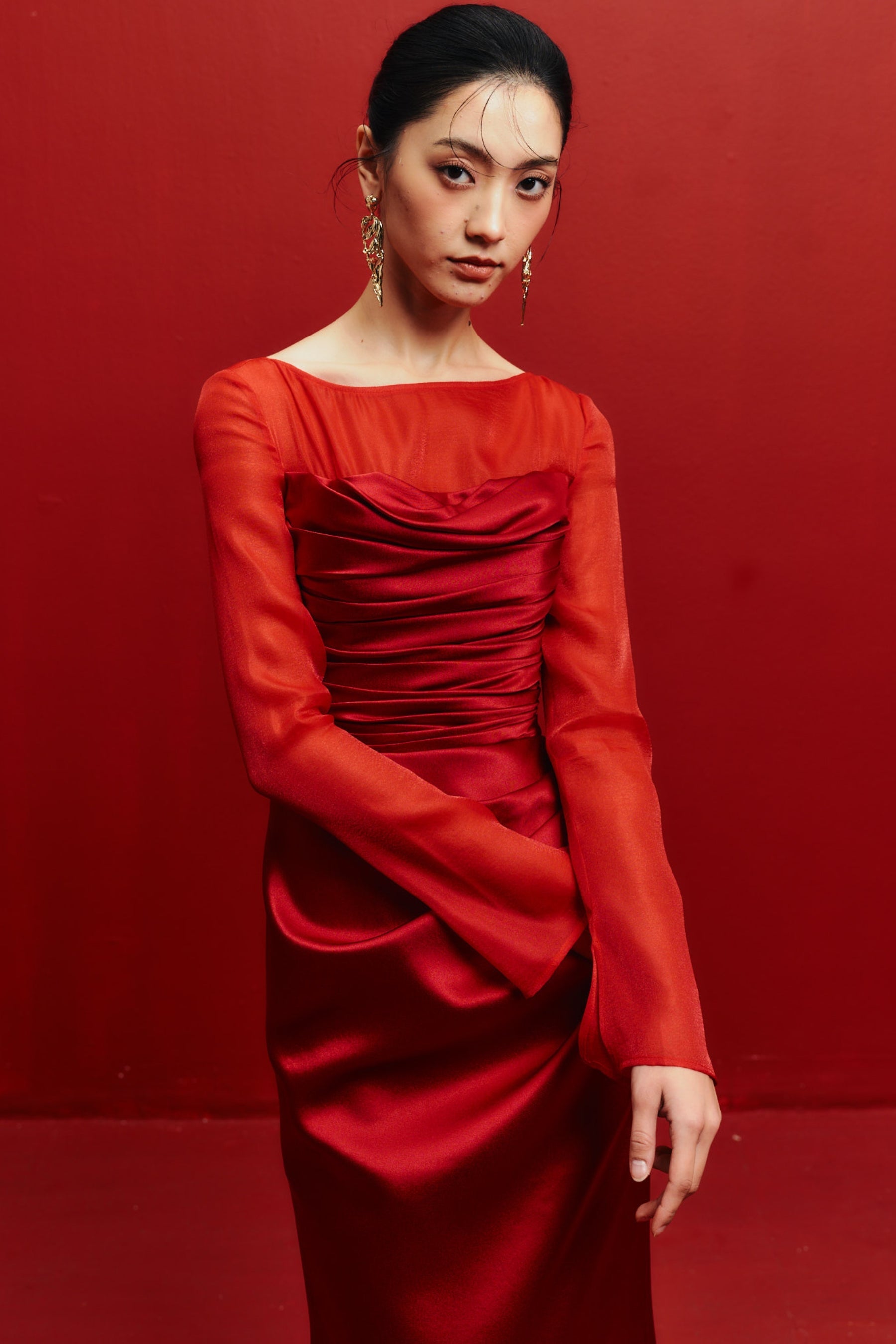 River Silk Sheath Boat Neck Taffeta Silk Floor Length Dress