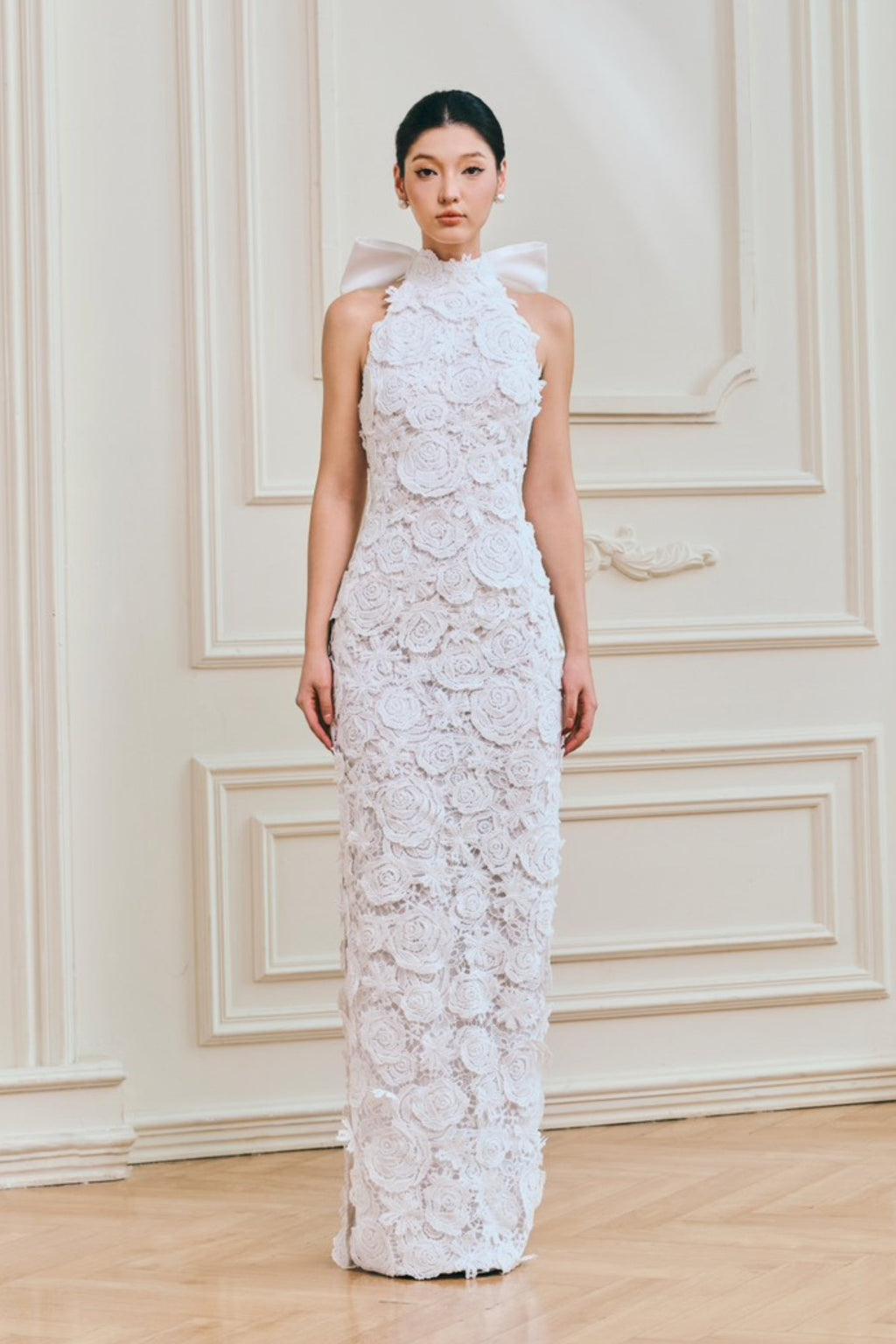 Haper Halter Neck Lace Sheath Maxi Dress