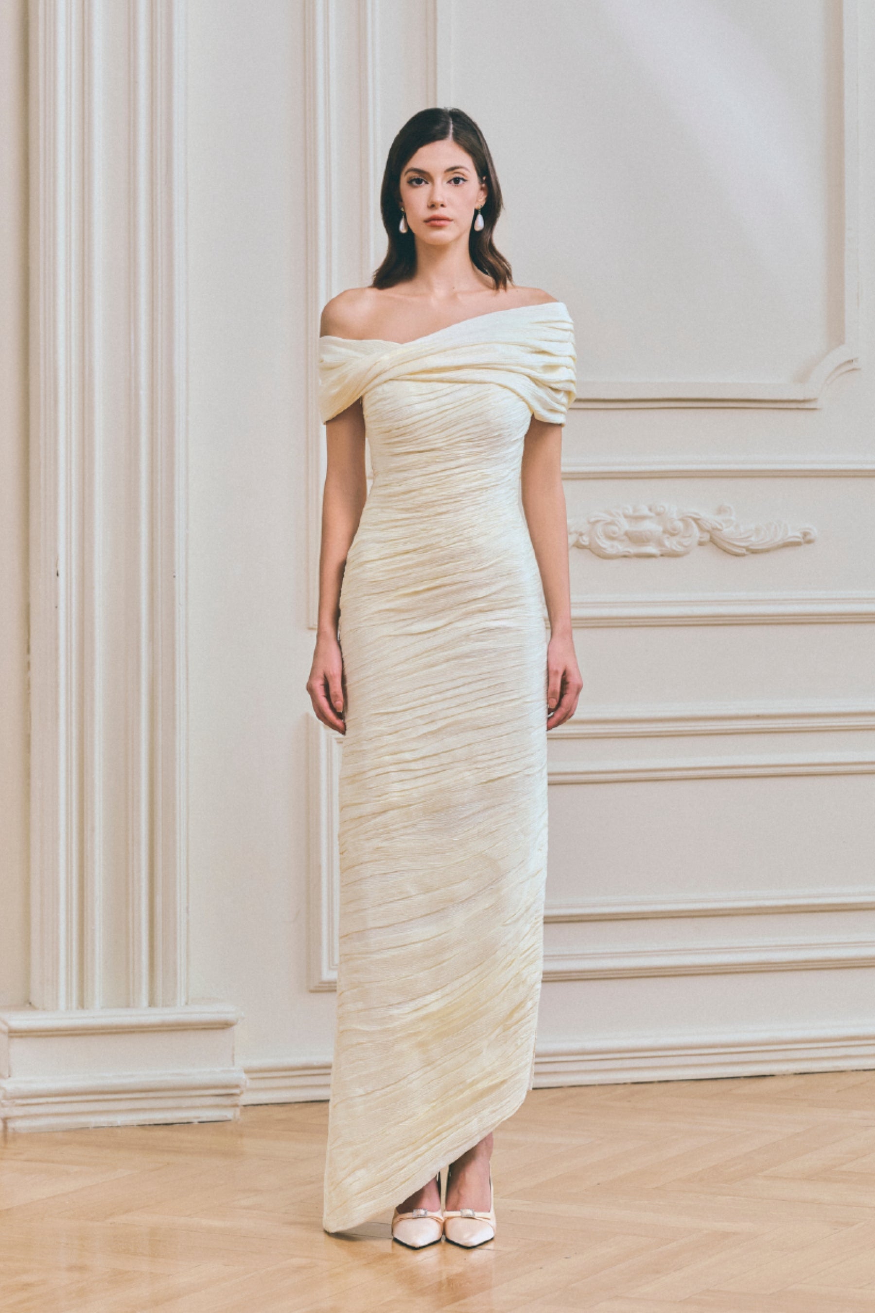 Serephira Off Shoulder Draped Midi Dress