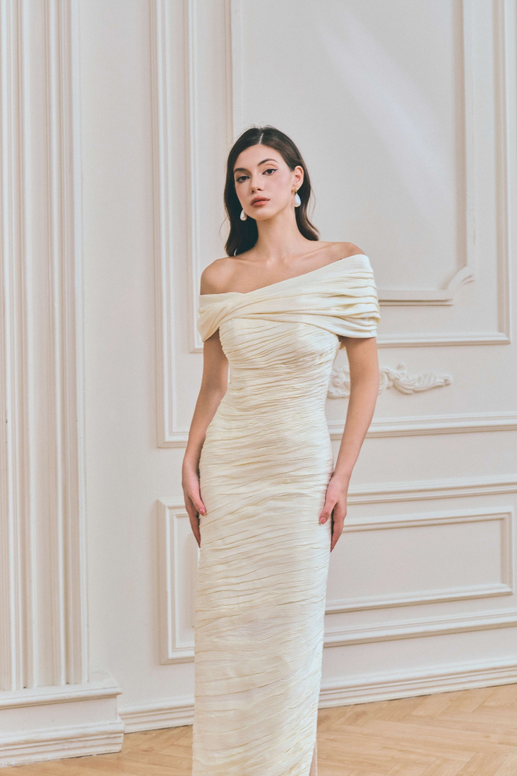 Serephira Off Shoulder Draped Midi Dress