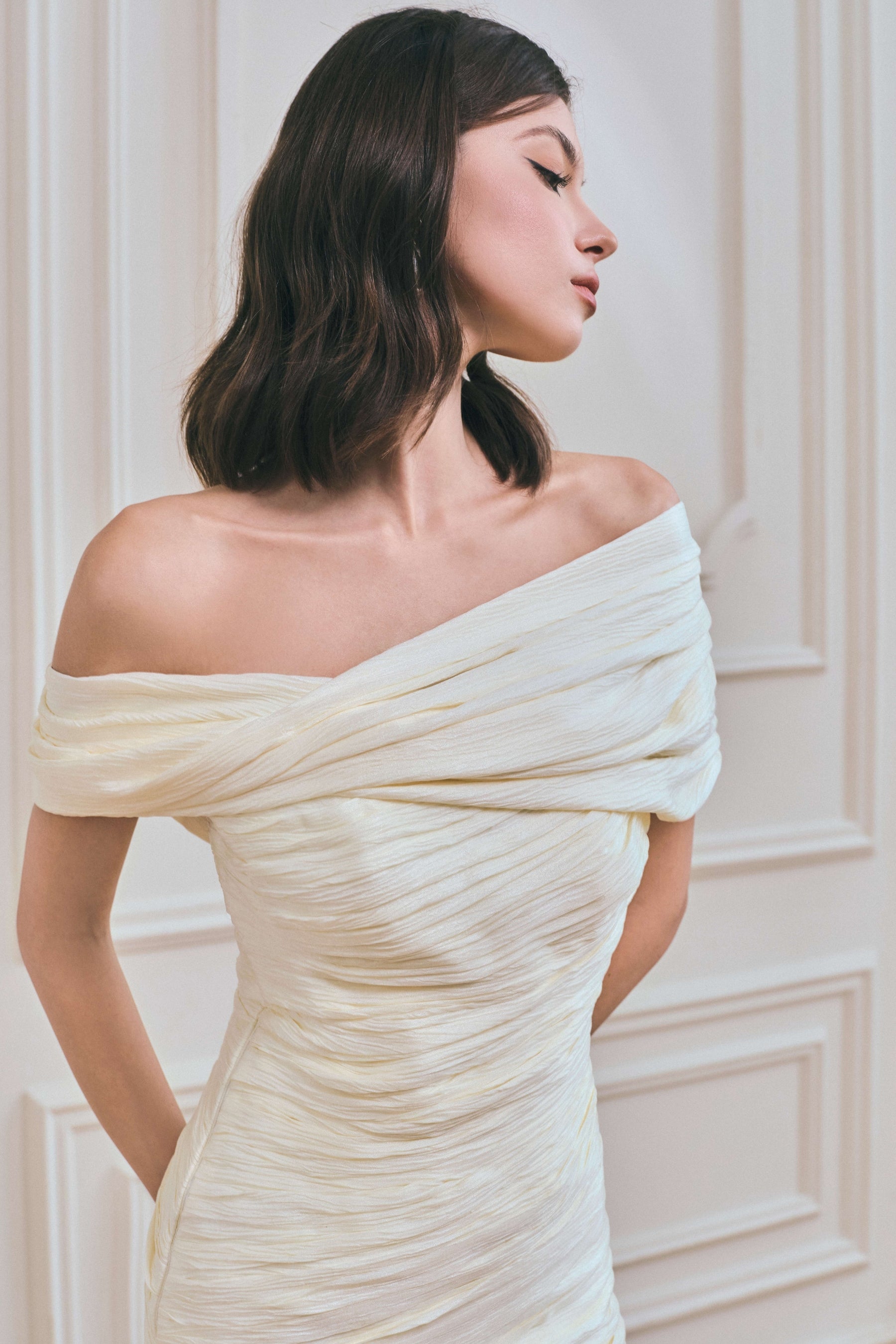 Serephira Off Shoulder Draped Midi Dress