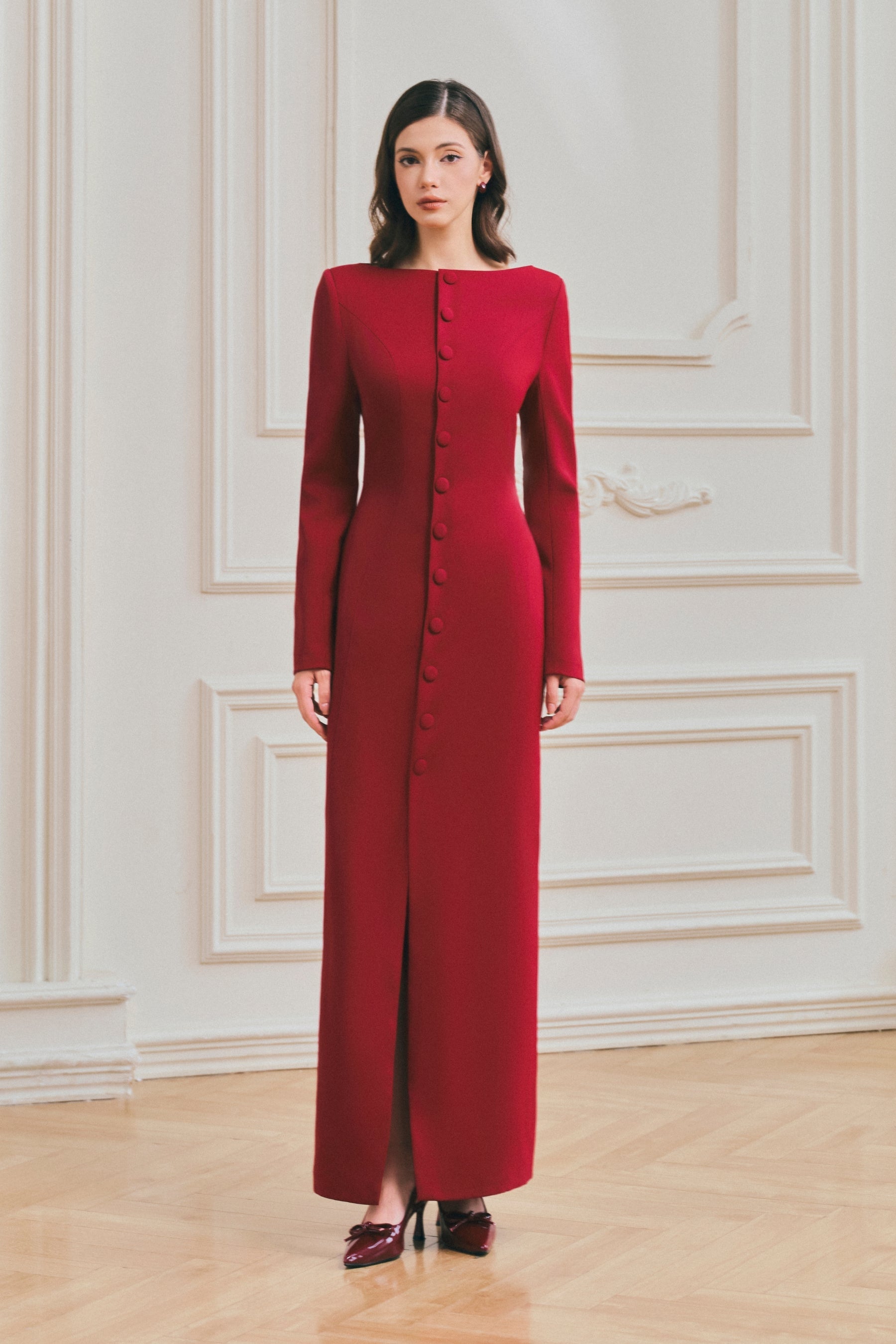 Chloe Boat Neck Buttoned Maxi Dress