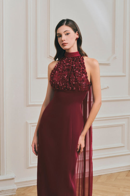 Burgendy Halter Sheer Panel Maxi Dress