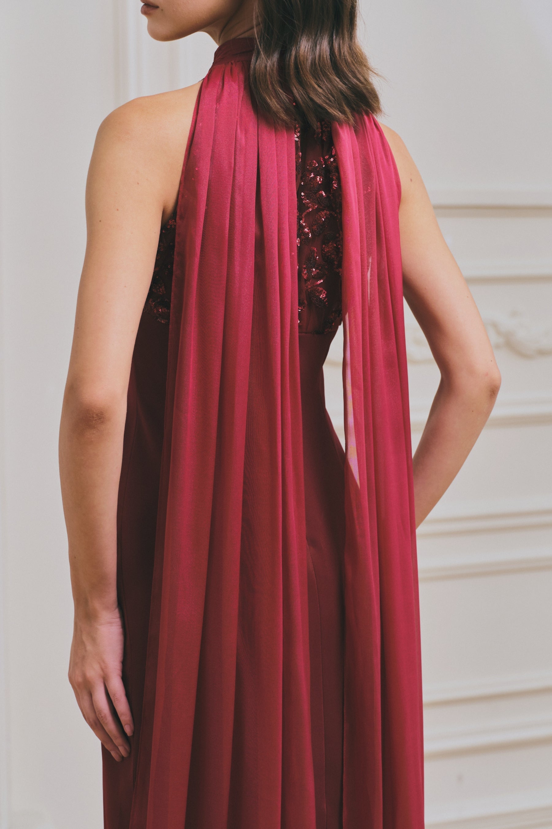 Burgendy Halter Sheer Panel Maxi Dress