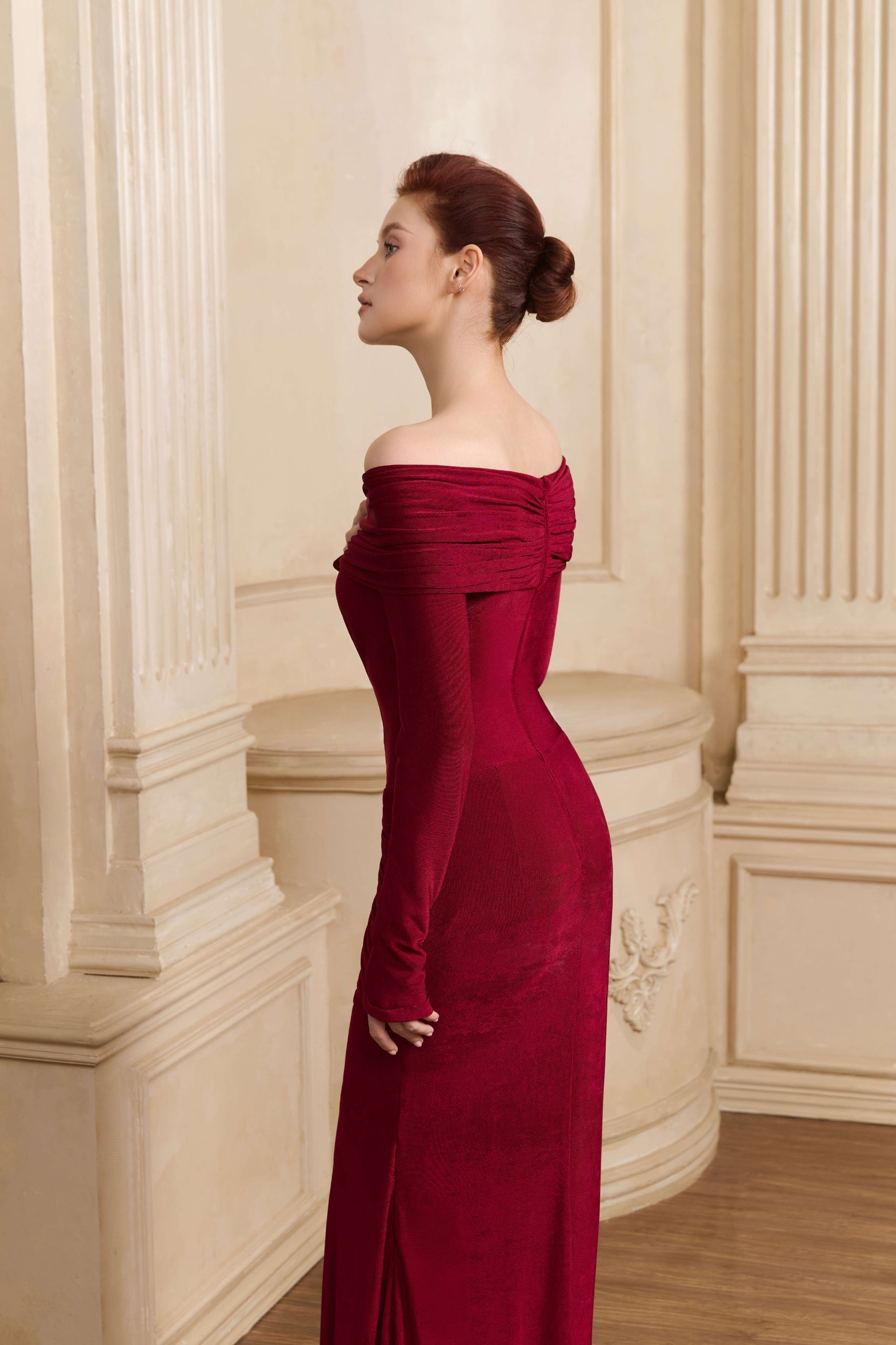 Athena Off Shoulder Draped Maxi Gown