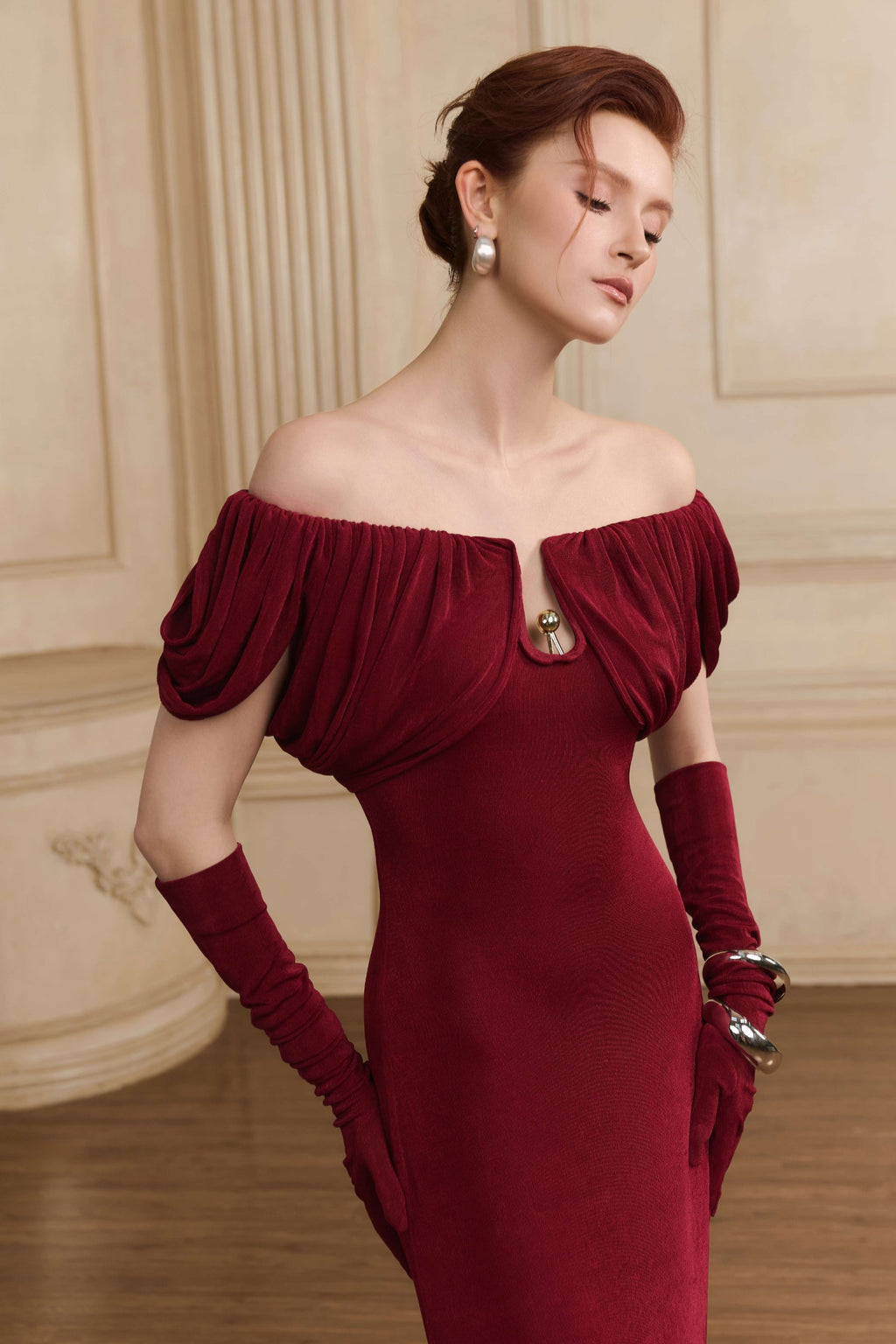 Valentine Draped Off Shoulder Maxi Gown