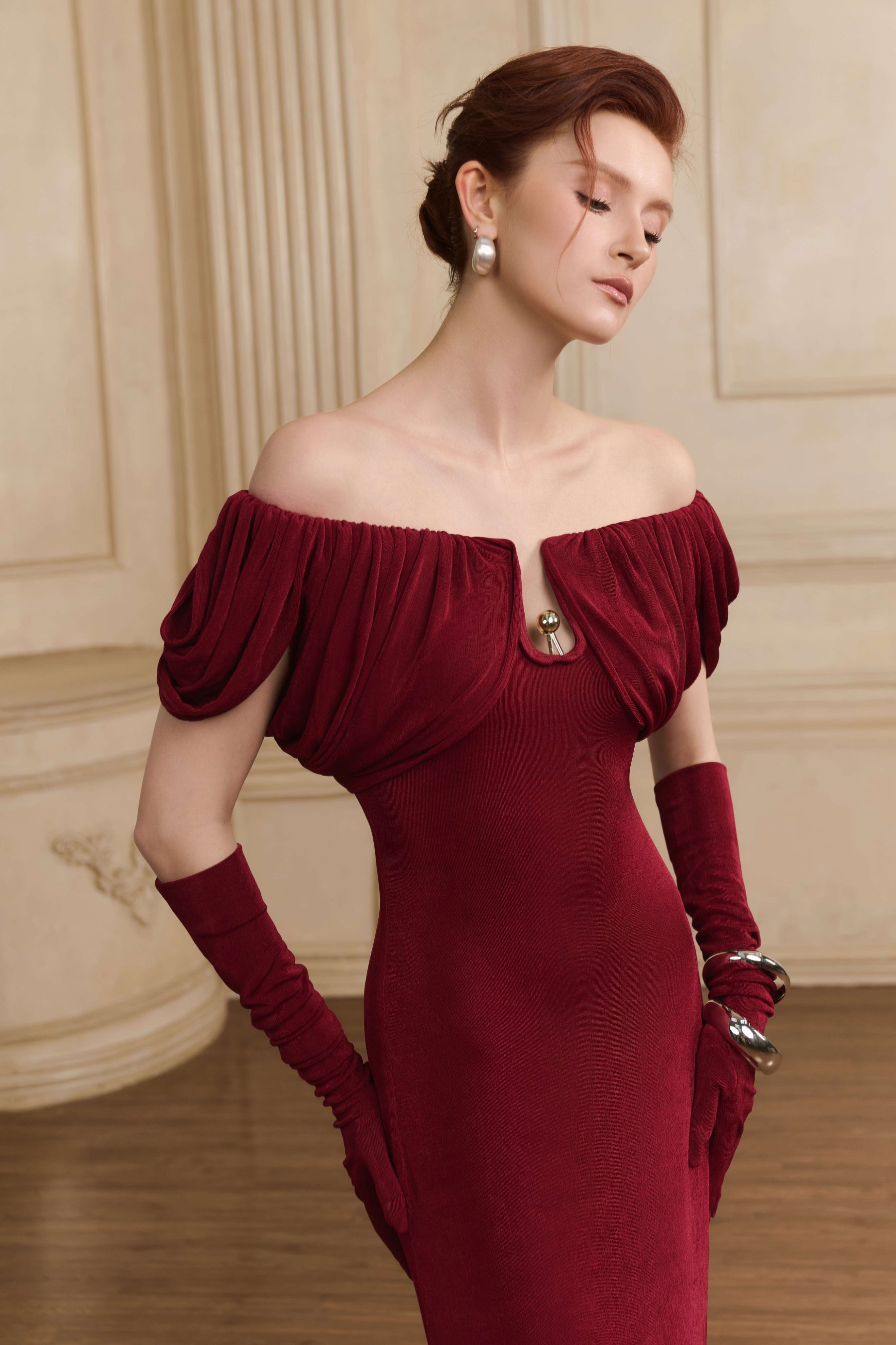 Valentine Draped Off Shoulder Maxi Gown