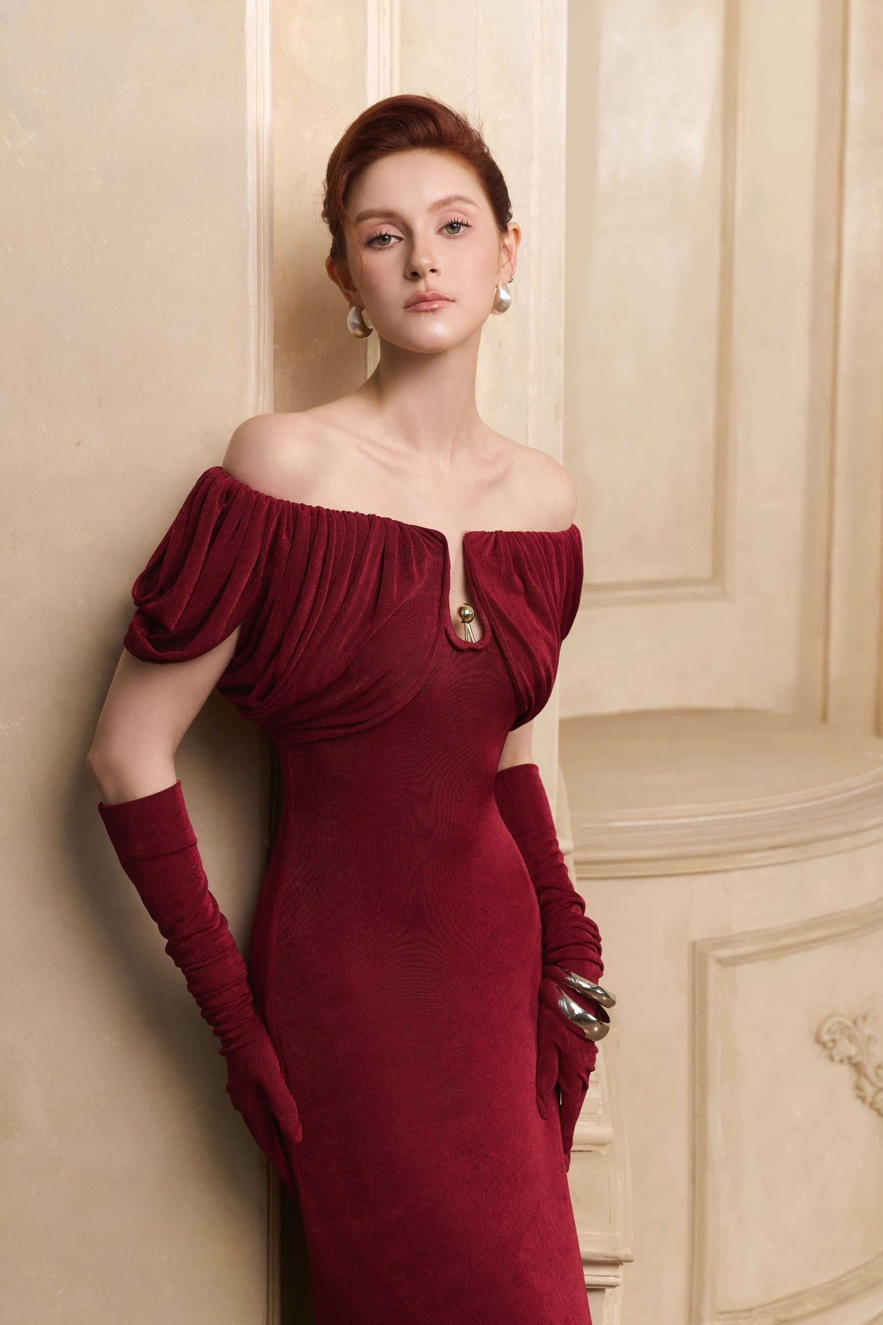 Valentine Draped Off Shoulder Maxi Gown