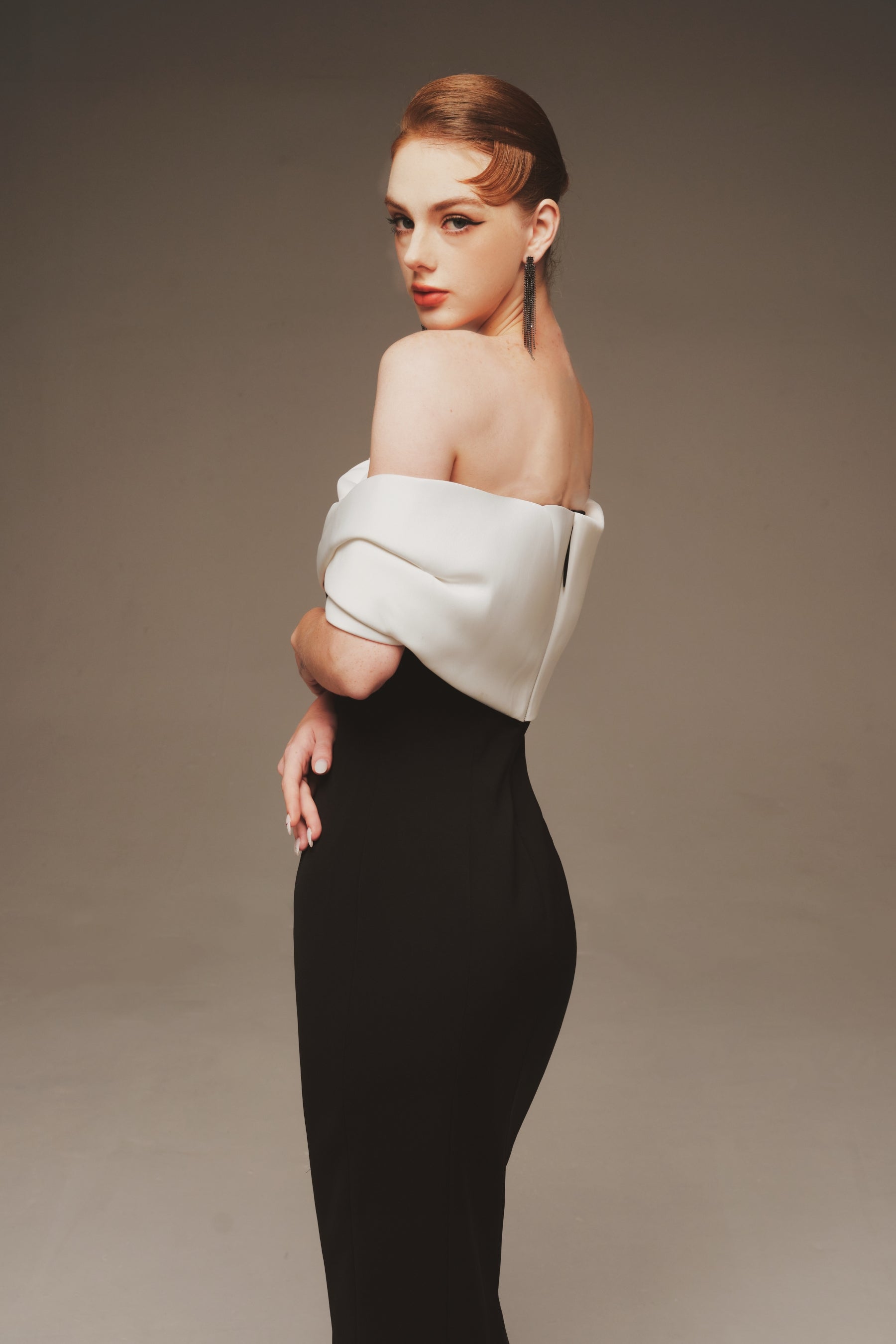 Draped Off-Shoulder Column Gown