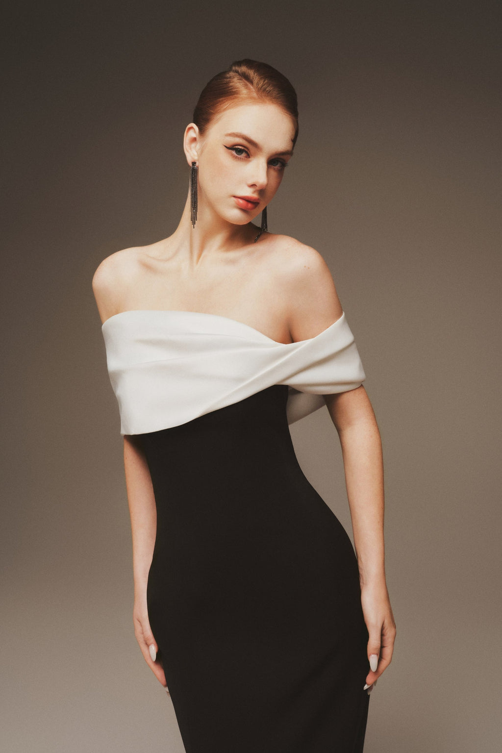 Draped Off-Shoulder Column Gown